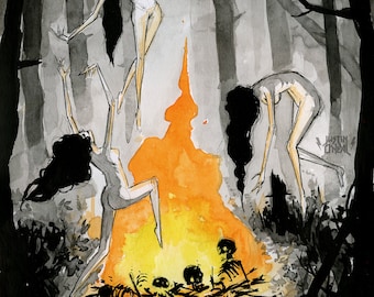 May include: Watercolor illustration of a dark forest scene with three figures dancing around a bonfire. The figures have long black hair and are wearing white garments. Skeletons are at the base of the fire. The artwork is signed by Justin ONeal.