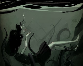 May include: A dark, eerie illustration of a woman sinking in the ocean, surrounded by tentacles. The woman is wearing a black dress and has long, dark hair. The water is dark green and the tentacles are black.