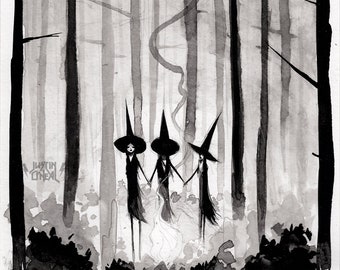 May include: A black and white watercolor illustration depicts three witches holding hands in a forest. They wear tall, pointed hats and long dresses. The artwork has a whimsical, spooky theme, with a misty, atmospheric background of trees.