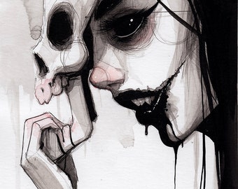 May include: A black and white ink drawing of a woman with a skull mask. The woman has dark hair and is looking to the side. The skull mask is covering the right side of her face. The drawing is done in a realistic style and has a dark and mysterious feel.