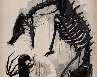 May include: A black and white illustration of a woman kneeling with her head down. A skeletal figure with dripping black liquid stands behind her.