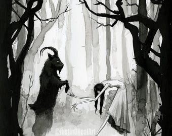 May include: A black and white watercolor illustration of a dark forest scene. A shadowy goat-like figure stands on its hind legs facing a woman in a white dress. The woman is bending backward with her arms outstretched. The artist's signature is visible.