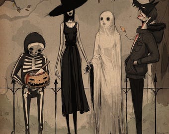 May include: A digital illustration of four costumed figures in a spooky woodland setting. A skeleton wearing a black hooded sweatshirt holds a jack-o-lantern filled with red liquid. A witch in a black dress and pointed hat stands next to a ghost in a white sheet. A werewolf in a black hoodie with a bloody mouth stands to the right. The image is in a vintage style with a brown background and a tree branch overhead.