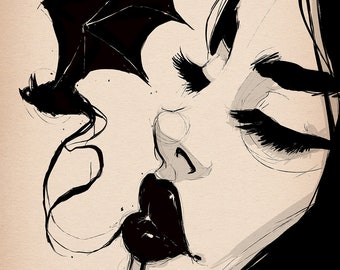 May include: Black and white illustration of a woman's face with a bat flying above her. The woman's eyes are closed and her lips are painted black. The bat's wings are spread out and its tail is curled.