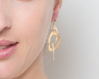 Valentines Day Sale Long Gold Dangle Earrings, Geometric Earrings, Gold Statement Earrings, Handmade Jewelry, Modern Gift Ideas, simple