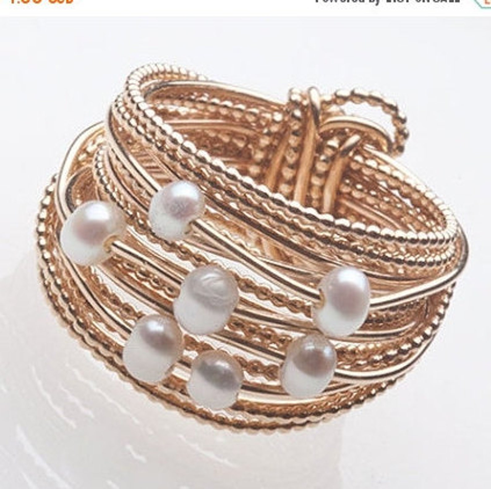 Gold Pearl Ring Layered Ring Wire Wrapped Gold Jewelry Etsy