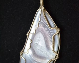 Natural Blue Lace Agate Rock, Wire Wrap Sterling Silver, Gemstone, Jewelry Pendant Necklace