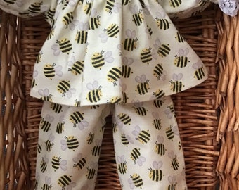 Girls' lemon flannelette pyjama set with bees to fit your 16 inch Cabbage Patch Doll.