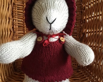 Grey Elderberry Bunny in her maroon dress and bonnet is ready to ship