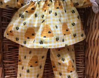 Girls' flannelette yellow pyjama set with bees and hives to fit your 16 inch Cabbage Patch Doll.