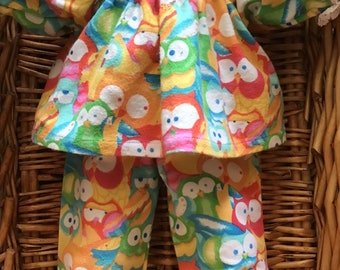 Girls' colourful  flannelette pyjama set with owls to fit your 16 inch Cabbage Patch Doll.