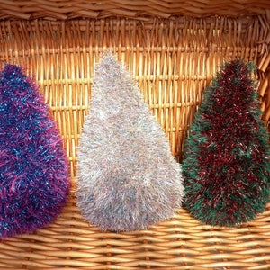 Three colourful Tinsel Christmas Tree Table Ornaments which are ready to ship.