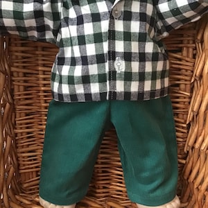 Boys' bottle Green corduroy pants and green, black and white check flannel shirt for a 16 inch Cabbage Patch Doll.