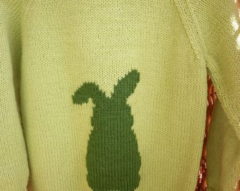 This is a lime green sweater with a bunny embroidered on the front and fits a 24 inch chest or a 2-3 year old.