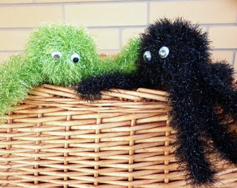 Two scary spiders ideal for Halloween.  One black and the other citrus green.  They are ready to ship.