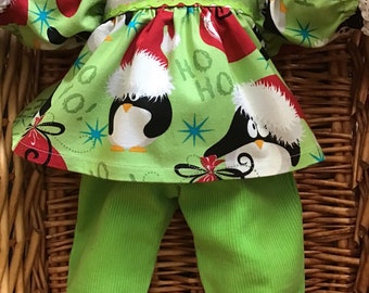 Girls' lime green corduroy pants with a pretty lime green Christmas tunic top to fit your 16 inch Cabbage Patch Doll.