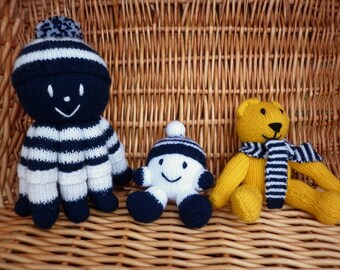 This Listing is for football Mascot snowball, Mascot Octopus and Mascot Teddy in the colours navy blue and white and are ready to ship.