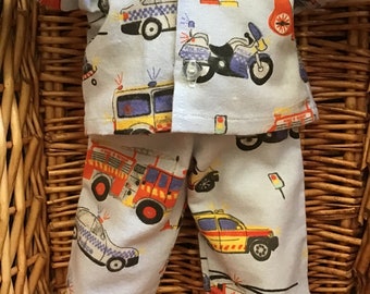 Boys’ blue flannelette emergency vehicles pyjamas to fit 16 inch Cabbage Patch Doll.