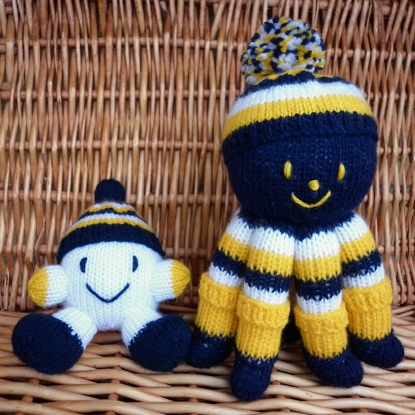This listing is for the football mascot octopus and snowball in the colours navy, yellow and white and are ready to ship.