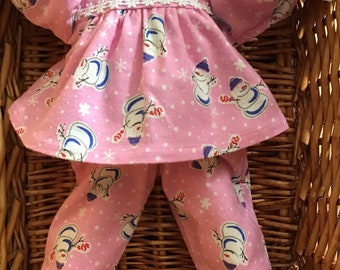 Girls' Pink Christmas flannelette pyjama set to fit your 16 inch Cabbage Patch Doll.