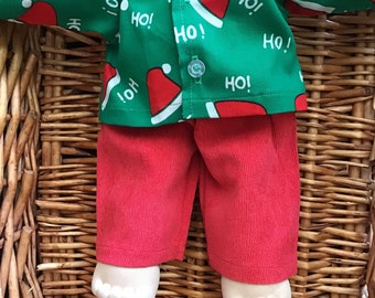 Outfit for a 14 inch Boy Cabbage Patch Doll - red corduroy pants with a green Christmas shirt