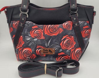 Black Marine Vinyl Handbag: Red Roses, Medium Crossbody Bag