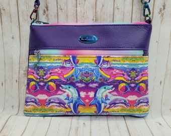 Dolphin Print Small Crossbody Bag: Purple Vinyl Fabric Purse