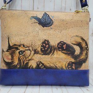 Bandolera de corcho/vinilo / Bandolera con panel de corcho de gato con mariposa / Bolso de mano de corcho natural