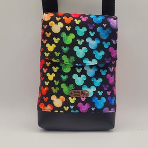 Small Phone Crossbody Bag with Lots of Pockets, Colorful Mouse Heads and Black Vinyl