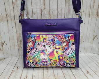 Rainbow Animal Friends Crossbody Bag: Purple Vinyl Zippered Pocket