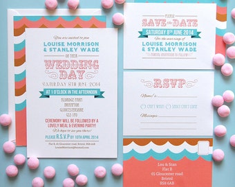Typography Wedding Invitation, Pink Blue Wedding Invitations, Seaside Invitation, Contemporary Invitation With RSVP, Modern Invitation