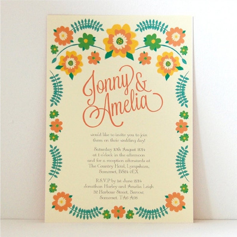 May include: A floral wedding invitation with a yellow background and a green and orange floral border. The text reads "Jonny & Amelia" in a red script font. The invitation details the wedding date, time, and location. RSVP information is included at the bottom.