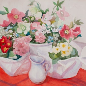 May include: A watercolor painting depicting a collection of potted flowers in white wrappings, including red, pink, white, and blue blossoms, arranged alongside a small white ceramic pitcher. The artist signature is visible in the bottom right corner.