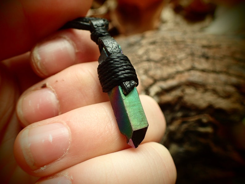 small Rainbow Aura Titanium Quartz Crystal Pendant Tribal Psychedelic Torque Style Quartz Trippy Electric Psy Burning Man Necklace