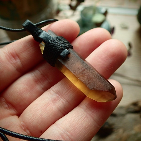 Smoky Citrine Crystal Point Pendant. Mens Citrine Unisex Leather Necklace Zambia Mineral Specimen. Untreated Raw Talisman Jewelry