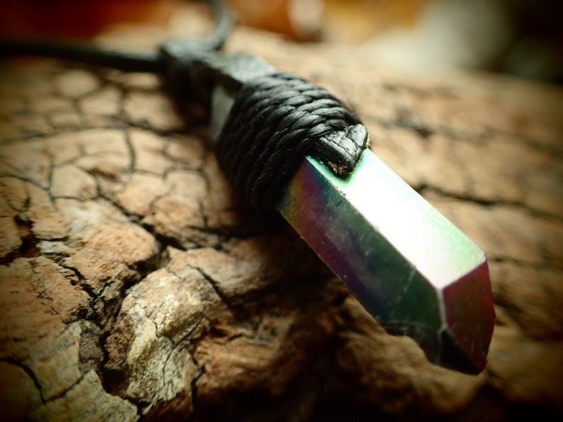 small Rainbow Aura Titanium Quartz Crystal Pendant Tribal Psychedelic Torque Style Quartz Trippy Electric Psy Burning Man Necklace