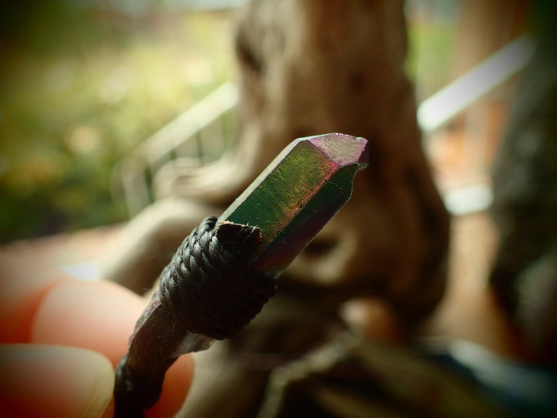 small Rainbow Aura Titanium Quartz Crystal Pendant Tribal Psychedelic Torque Style Quartz Trippy Electric Psy Burning Man Necklace