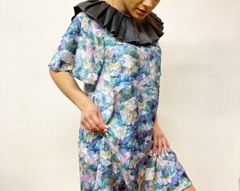 Multi Colored Ruffle Neck Shift Dress with Bell Sleeves