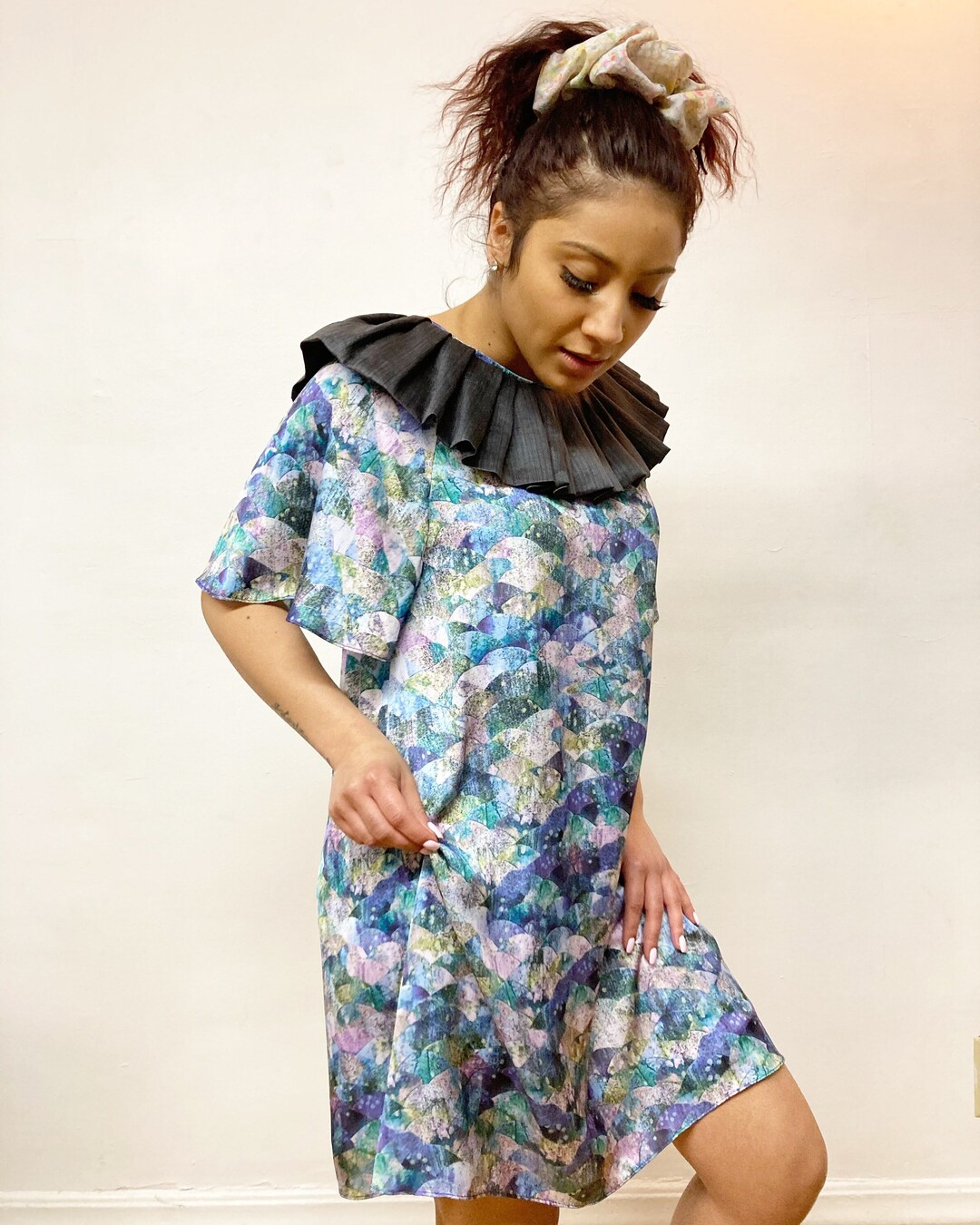 Multi Coloured Ruffles Multi Colored Ruffle Neck Shift Dress With Bell Sleeves - Etsy
