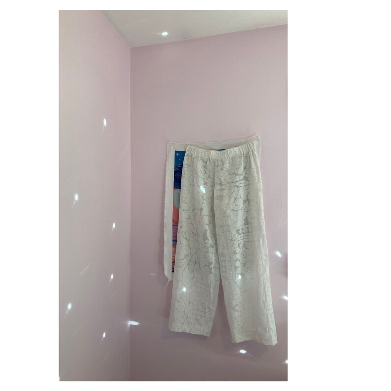 White Lace Pants With Gold Eyelet Details