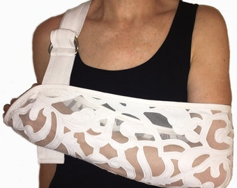 Arm Sling - Cream Scroll Net with Faux Leather Applique Designer Fashion Sling.