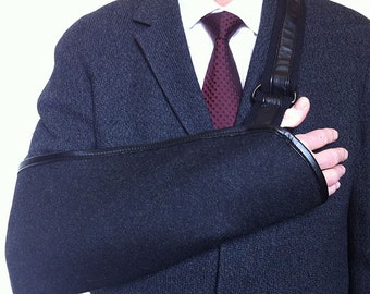 Designer Arm Sling – Grey Flannel, Faux Leather Trim, NYC Made
