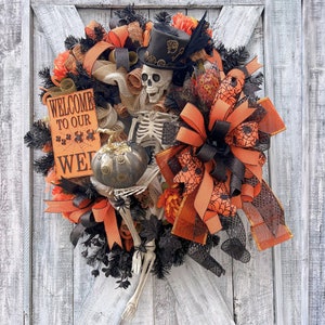 Steampunk skeleton wreath, Halloween front door wreaths, welcome to our web, party decor, kid friendly