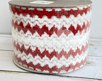 4" wired ribbon fuzzy netting, red white zig zag, ribbon by the roll, 10 yards