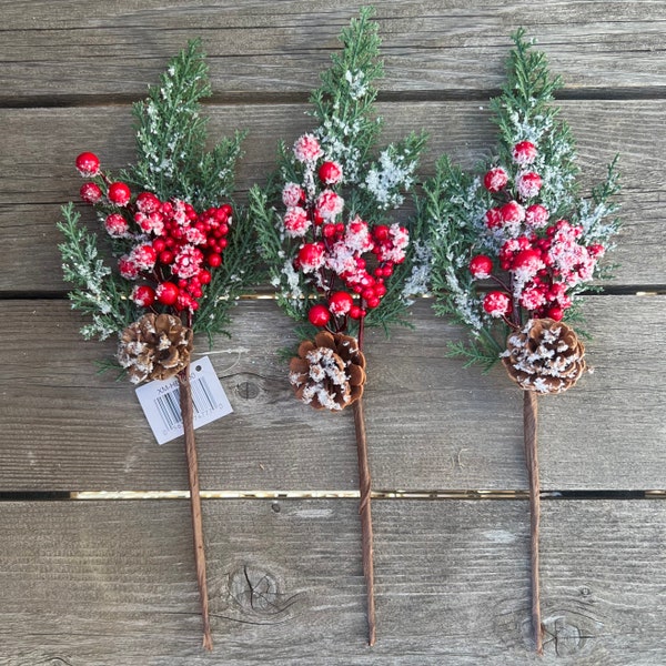 Frosted greenery red Berry pick, set of 3, cedar wreath pick, Christmas sprays, wreath supplies