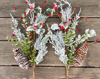 Frosted greenery pick with holly, pinecone, and pip berries. set of 2, 20" wreath pick/stem, Christmas sprays,  wreath or garland supplies