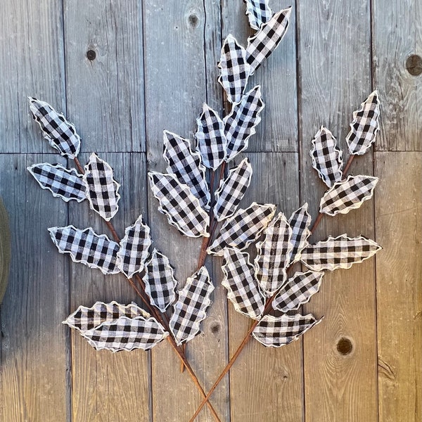 3 Buffalo plaid holly berry leaf spray, 27” black white stem for wreaths, farmhouse spray,  home decor, Christmas spray, SET OF 3