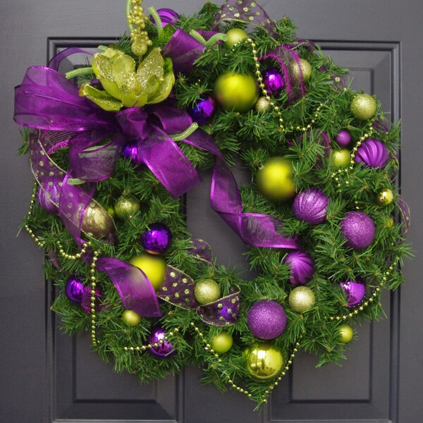 Christmas Wreath in Purple and Lime Green, Glass Ball Ornament Wreath,  Holiday Wreath, Christmas Door Wreath