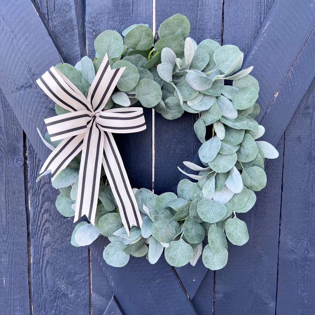 Lamb's Ear Wreath for Front Door, Farmhouse Greenery Wreath With a Bow ...