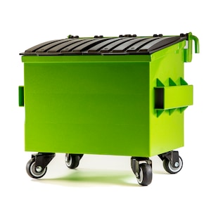 May include: A green metal dumpster with a black lid and four wheels. The dumpster is on a white background.
